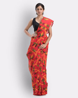 Angoshobha - Red Handloom Printed Cotton Blend Saree with Unstitched