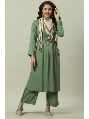 Biba Green Pleated Kurta (Set of 2)