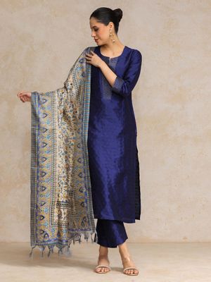 Blue Zari Embroidered Straight Kurta and Leggings Set