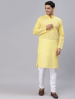 NEUDIS - Men Yellow Cotton Chikankari Straight Kurta and Churidaar (Set of 2)