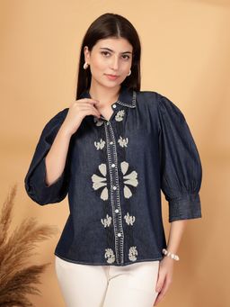 COSMIC TRIO - Women Denim Embroidered Blue Shirt