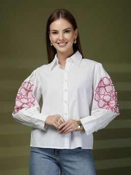 COSMIC TRIO - Women Denim Embroidered White Shirt
