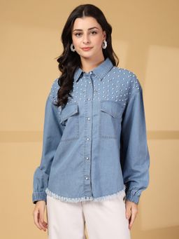 COSMIC TRIO - Women Denim Embellished/Sequined Blue Shirt