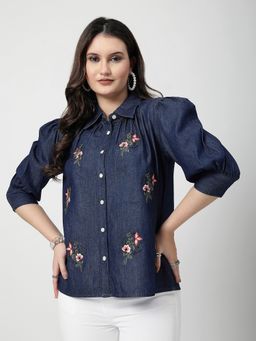 COSMIC TRIO - Women Denim Embroidered Blue Shirt