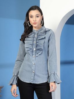 COSMIC TRIO - Women Denim Solid Blue Shirt