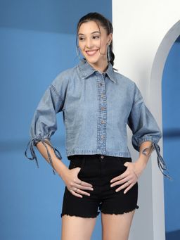 COSMIC TRIO - Women Denim Solid Blue Shirt