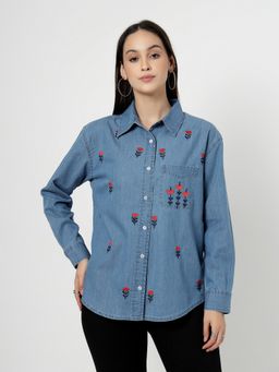COSMIC TRIO - Women Denim Embroidered Blue Shirt
