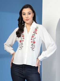 COSMIC TRIO - Women Viscose Rayon Embroidered White Shirt