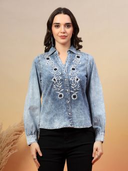 COSMIC TRIO - Women Denim Embroidered Blue Shirt