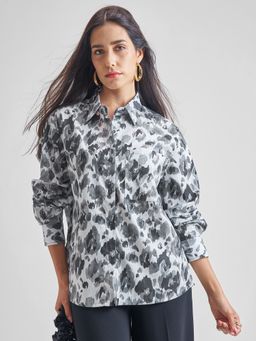TOKYO TALKIES - Women Cotton Blend Floral Grey Shirt