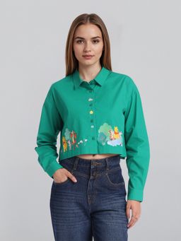 TOKYO TALKIES - Women Cotton Graphic Green Shirt