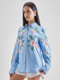 TOKYO TALKIES - Women Viscose Floral Blue Shirt