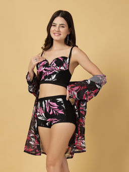 Cukoo - Black Padded Printed Bikini Top with Bottom & Cover-Up (Set of 3)