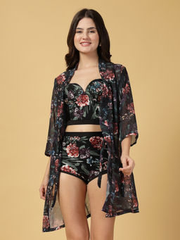 Cukoo - Black Padded Floral Bikini Top with Bottom & Cover-Up (Set of 3)