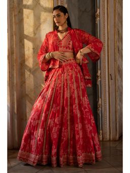 Paulmi & Harsh - Eyana Cotton Silk Red Lehenga and Blouse With Cape