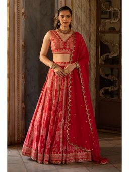 Paulmi & Harsh - Eyana Cotton Silk Red Lehenga and Blouse With Dupatta