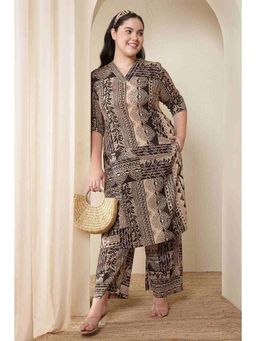 Isadora Life - Women Plus Size Brown Black Printed Cotton Kurta Co-Ord Set