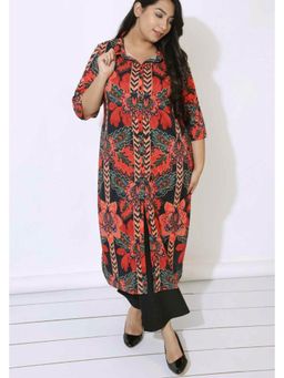 Isadora Life - Plus Size Black Tropical Print Kurta and Shrug Covertible In Blended Knit Fabric