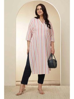 Isadora Life - Plus Size White Pink Striped Cotton V Neck In Cotton Kurta