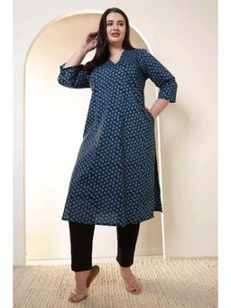 Isadora Life - Plus Size Navy and Teal Polka Print V Neck Cotton Kurta