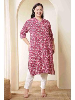 Isadora Life - Plus Size Pink Batik Print Cotton V Neck Kurta