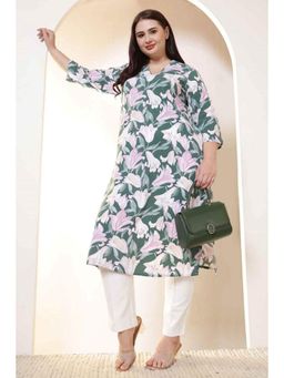 Isadora Life - Plus Size Green and Pink Flower Print V Neck Rayon Kurta