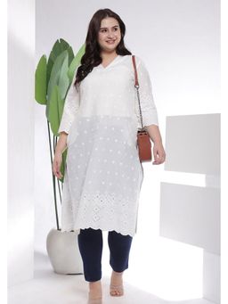 Isadora Life - Plus Size White Cotton Eyelet V Neck Kurta For Women