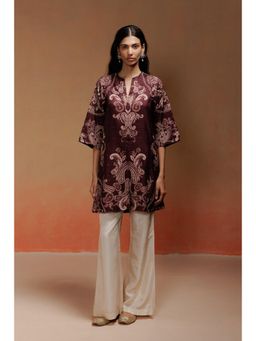 LABEL NAARITI - Aza Brown Jacquard Paisley Print Kurta with Ivory Silk Pant