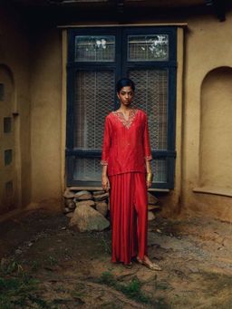 LABEL NAARITI - Tapsi Rust Katan Silk Hand Embroidery Kurta with Draped Satin Skirt