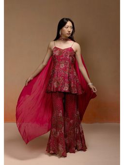 LABEL NAARITI - Reha Wine Printed Kurta with Jacquard Sharara and Choker Dupatta