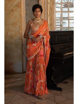 Paulmi & Harsh - Inaara Sharara Embellished Rust Saree with Stitched Blouse
