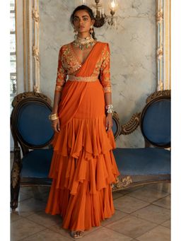 Paulmi & Harsh - Amayra Organza Embellished Rust Saree with Stitched Blouse and Belt