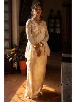 Paulmi & Harsh - Varra Peplum Embroidered Ivory Saree with Stitched Blouse