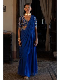 Paulmi & Harsh - Tatva Embellished Predraped Blue Saree with Stitched Blouse and Belt
