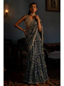 Paulmi & Harsh - Dew Embellished Predraped Navy Blue Saree with Stitched Blouse