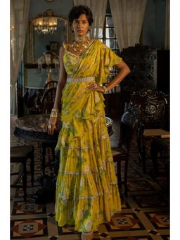 Paulmi & Harsh - Safiya Floral Embellished Predraped Yellow Saree with Stitched Blouse and Belt