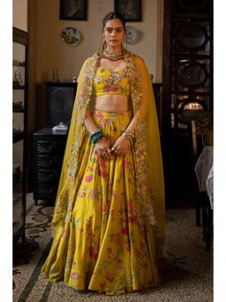 Paulmi & Harsh - Chiniya Silk Yellow Embroidered Lehenga with Blouse & Dupatta