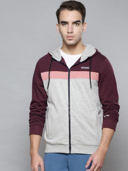 Alcis - Men Grey Melange Burgundy Solid Cotton Regular Outdoor Sporty Jacket