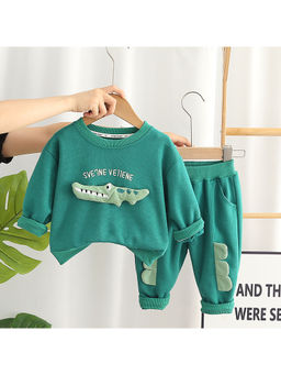 Little Surprise Box - Green Solid Sweatshirt with Pant