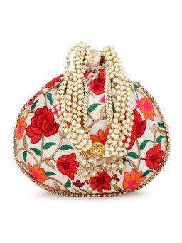 Anekaant - Dangle Cream and Multi Floral Embroidered Faux Silk Potli