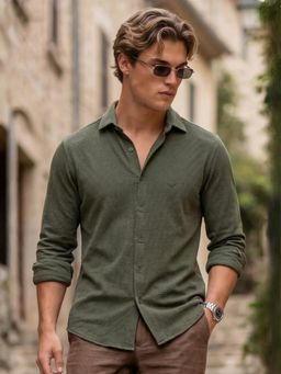 Nobero - Men Green Textured Popcorn Shirt