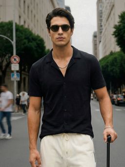 Nobero - Men Black Cuban Collar Knitted Shirt
