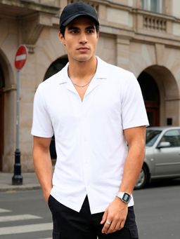 Nobero - Men White Cuban Collar Knitted Shirt