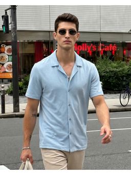 Nobero - Men Blue Cuban Collar Knitted Shirt