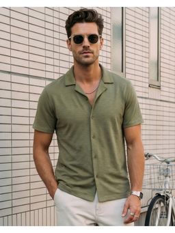 Nobero - Men Green Cuban Collar Knitted Shirt