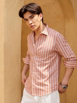 CAHOOT - Men Rust Striped Full Sleeves Regular Fit Casual Shirt