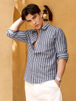 CAHOOT - Men Blue Striped Full Sleeves Regular Fit Casual Shirt