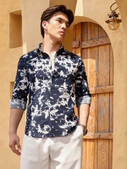 CAHOOT - Men Navy Blue Abstract Print Full Sleeves Regular Fit Casual Shirt