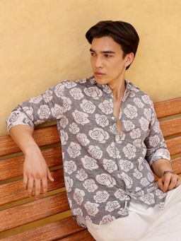 CAHOOT - Men Charcoal Grey Floral Print Full Sleeves Regular Fit Casual Shirt