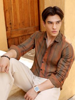 CAHOOT - Men Rust Striped Full Sleeves Regular Fit Casual Shirt